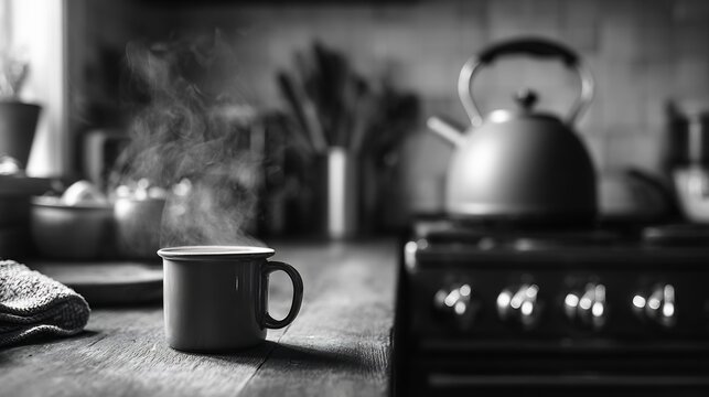 Hot steaming enamel mug on a wooden kitchen countertop with a blurred kettle and stove in black and white tone