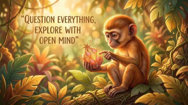 Curious monkey in lush jungle examines glowing fruit, inspiring curiosity and open-minded exploration.