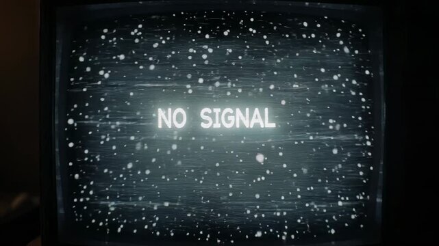 Retro television static with 'NO SIGNAL' text in dark room during broadcast interruption