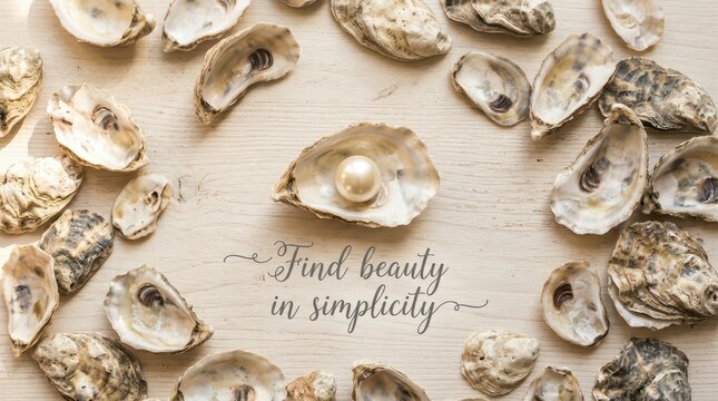 Elegant overhead view of scattered oyster shells with a single pearl nestled in one shell, on a light wooden surface, motivational quote overlay