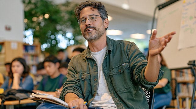 Debate coach gesturing toward a flat icon set on a portable whiteboard in a crowded public library hall, students mid transformation from nervous to confident posture creating a before and after spl
