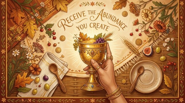 Artistic depiction of abundance: A hand holds a golden chalice filled with grapes and wheat, surrounded by autumn bounty, symbolizing creation and rec