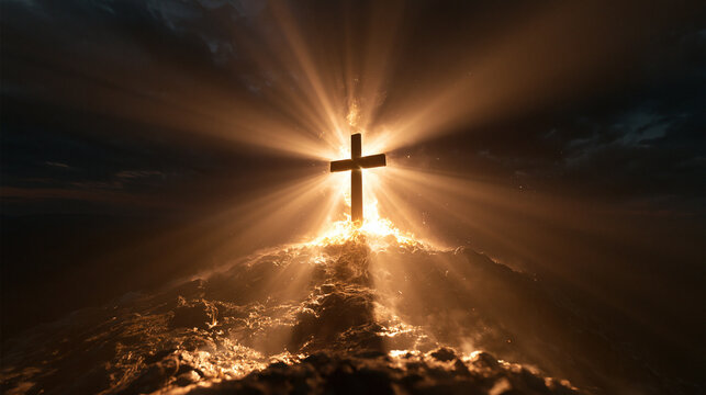 Christian Cross on Hill with Glowing Divine Light Rays