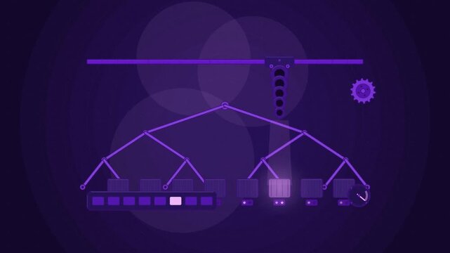 Abstract animated root cause trace narrowing drawn as violet and blue lines and shapes on a deep dark background. Seamless looping 4K motion graphics video with free space for text, ideal for technolo