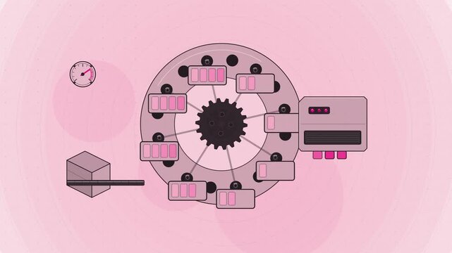 Abstract animated inventory turnover carousel drawn as coral and magenta lines and shapes on a bright, clean light background. Seamless looping 4K motion graphics video with free space for text, ideal