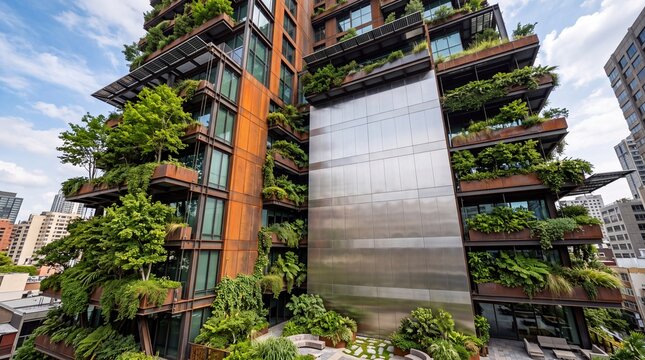Modern Sustainable Building with Vertical Green Garden Balconies
