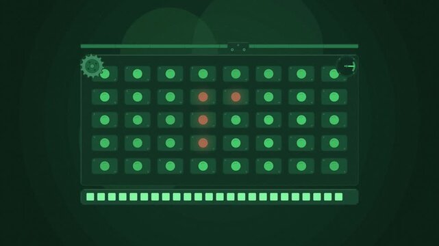 Abstract animated status page lamp grid drawn as green and teal lines and shapes on a deep dark background. Seamless looping 4K motion graphics video with free space for text, ideal for technology exp