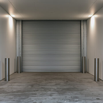 Empty loading bay with closed roller shutter door and steel bollards on concrete floor