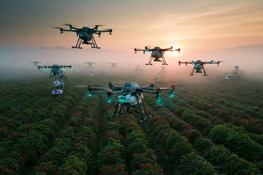 Agricultural Drones Spraying Crops on Field at Sunrise