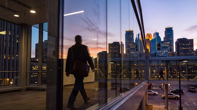 Businessman Walking in Skyway with City Skyline at Sunset