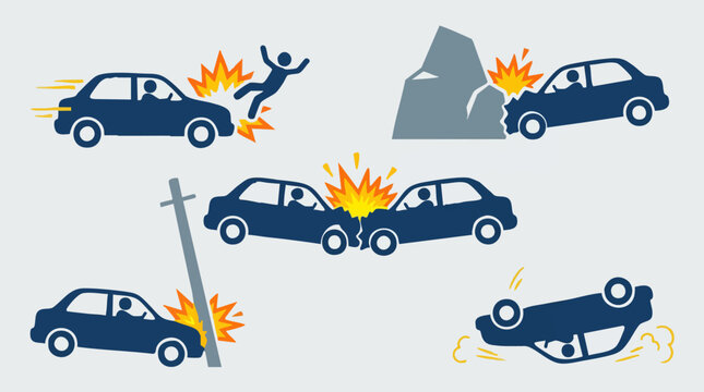 Car Accident and Crash Icons Set Illustrating Various Road Incidents
