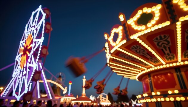 carnival rides illuminated at night with spinning swing carousel and glowing Ferris wheel captured in motion blur, carnival rides framed by neon bokeh, string lights and visitors on boardwalk,