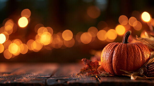 Autumn Pumpkin on Rustic Wood with Warm Bokeh Lights