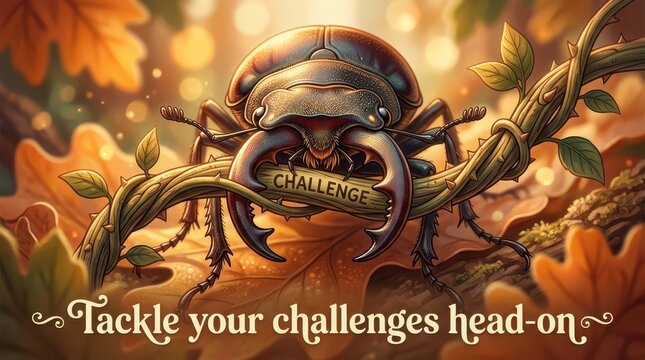 Close-up of a formidable stag beetle with large mandibles gripping a vine inscribed with the word 'CHALLENGE', symbolizing overcoming obstacles and fa