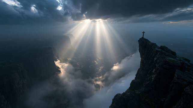 Christian Cross on Mountain Peak with Divine Sun Rays
