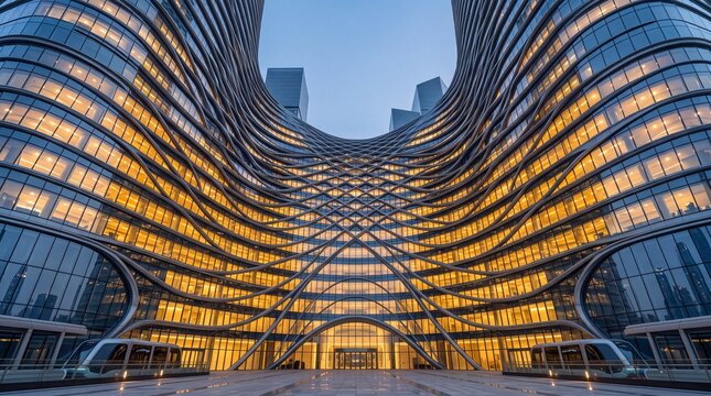 Modern Futuristic Corporate Skyscraper Architecture with Curved Glass Facade