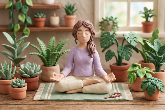 Clay Model of Woman Meditating Among Houseplants