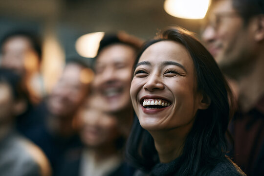 Happy Asian Woman Laughing with Diverse Group at Event