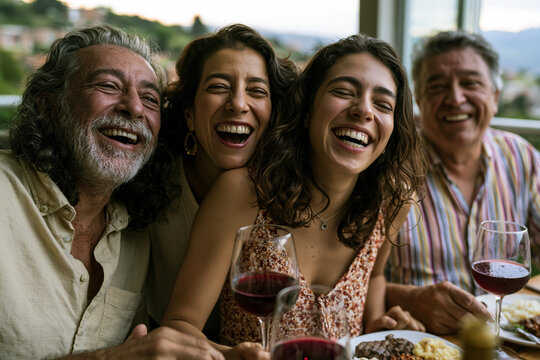 Happy Multi-Generational Family Laughing Together During Dinner