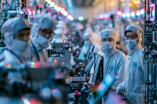 Engineers in Cleanroom Suits Working at Semiconductor Manufacturing Facility