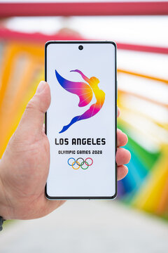 ZhongShan GuangDong China-May 23 2026: Hand holding smartphone showing Los Angeles 2028 Olympic Games logo.