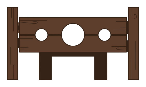 A medieval wooden pillory with three circular cutouts for head and hands isolated on a white background. Historical punishment concept