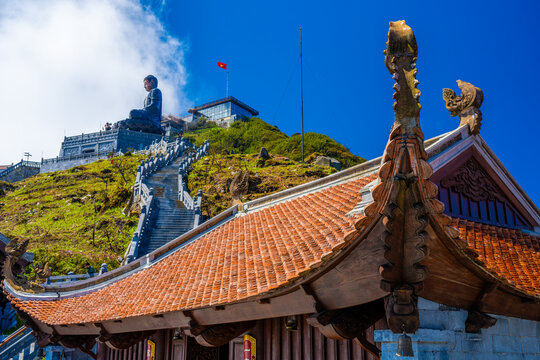 Buddhist statue and temple on Fansipan mountain in Vietnam