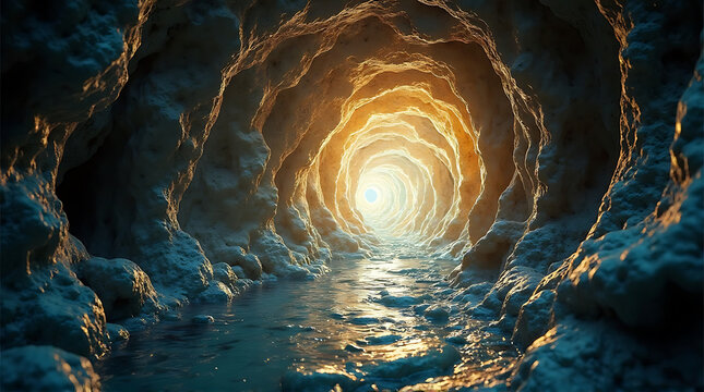 Bright Cave Tunnel Luminescent Passage with Water Floor