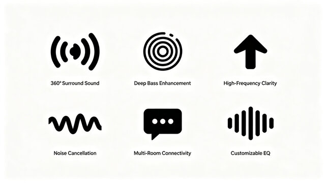 A collection of audio function icons representing surround sound, noise reduction, and balance adjustment concepts, suitable for audio product detail pages and e-commerce selling point displays.
