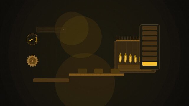 Abstract animated backlog burndown drawn as amber and orange lines and shapes on a deep dark background. Seamless looping 4K motion graphics video with free space for text, ideal for business presenta