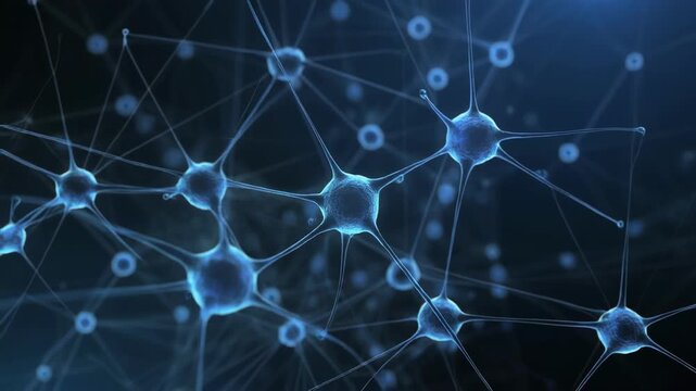 Abstract neural network connections pulsing with light in deep blue digital space