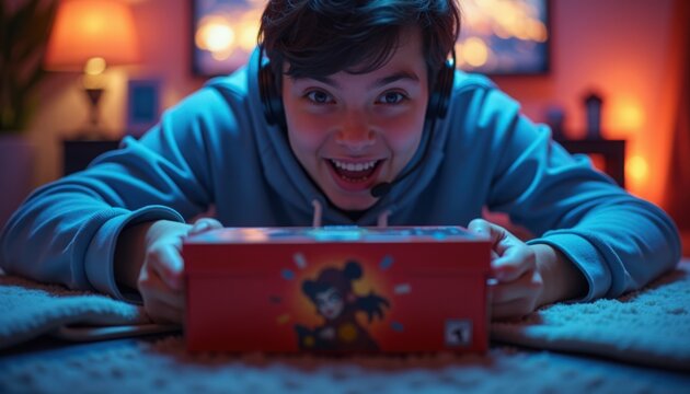 handheld gaming boy playing handheld console on floor, joyful child holding portable game device with visible buttons and screen glow, warm lamp background and blue screen lighting create cozy mood,
