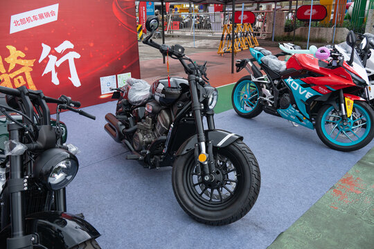 ZhongShan GuangDong China-April 11 2026: Benda dark black retro cruiser motorcycle on display at outdoor motor event.