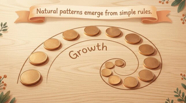 Conceptual illustration of growth and natural patterns emerging from simple rules, represented by a Fibonacci spiral of coins on a wooden background