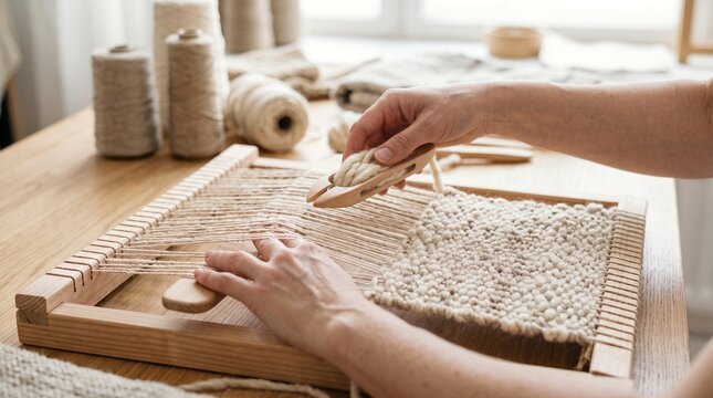 Person weaving minimalist textile on a wooden loom in a bright craft workshop studio