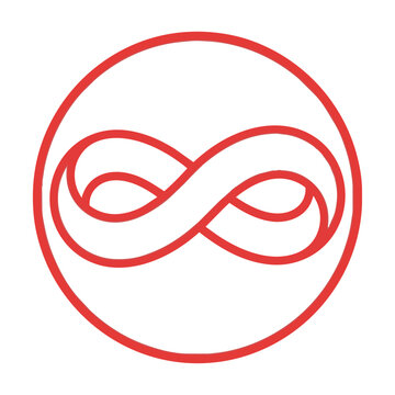 a vibrant red mobius strip with fluid curves in a circular frame, symbolizing infinite connection, endless loop concept