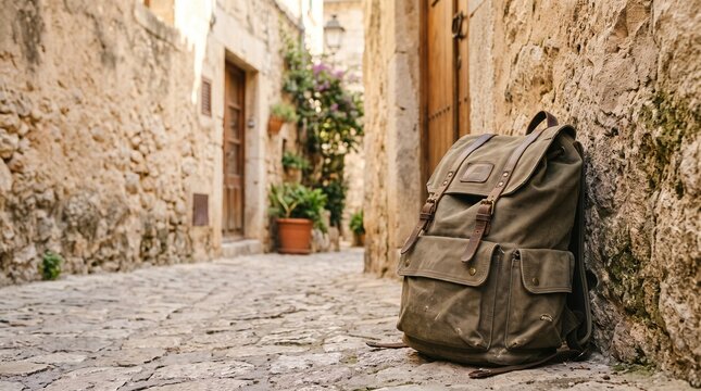 Canvas backpack resting against a weathered stone wall in a sunlit Mediterranean alleyway