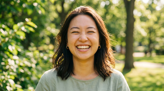 Portrait of smiling young Asian woman standing in sunny green park