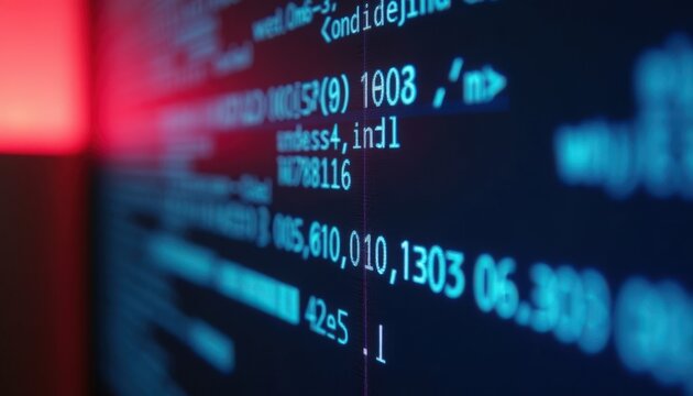 computer code on blurred monitor with glowing blue and red highlights, closeup of programming syntax and terminal output showing error lines, timestamps, numeric data and network logs,