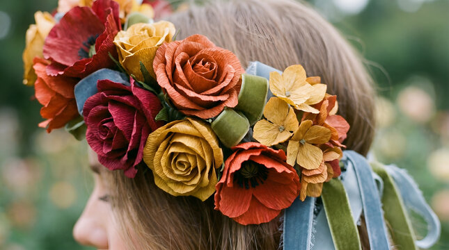 Close up of woman head wearing beautiful autumn floral wreath