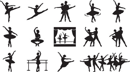 Set of black silhouette featuring classical ballet dancers, performing arts, graceful poses, stage scenes, and dance studio practice © Mufti