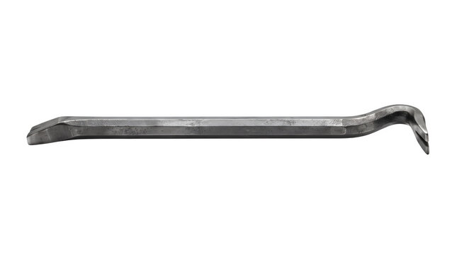 Heavy duty steel crowbar on white background. Industrial metal pry bar tool for construction. Professional wrecking bar for demolition.
