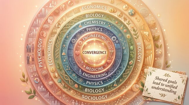 Conceptual illustration of interdisciplinary convergence and unified understanding across various fields of science and study.