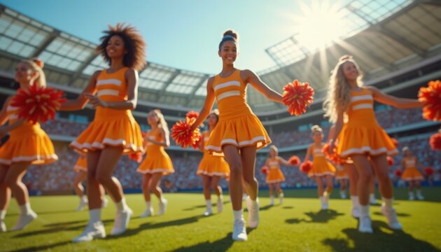cheerleading team performing on sunlit stadium field with synchronized dance routines, vibrant orange uniforms, glitter pom poms, high kicks, energetic jumps and smiling captains, crowd engagement,