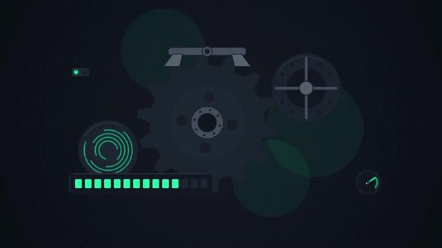 Abstract animated escapement releasing tooth drawn as cyan and teal lines and shapes on a deep dark background. Seamless looping 4K motion graphics video with free space for text, ideal for title sequ