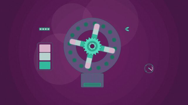 Abstract animated centrifuge density separation drawn as violet and blue lines and shapes on a deep dark background. Seamless looping 4K motion graphics video with free space for text, ideal for title