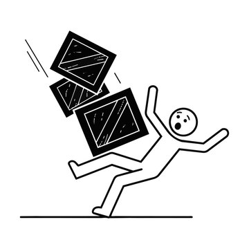 Simple black and white warning pictogram of a stick figure person falling backwards from tumbling crates, hazard concept