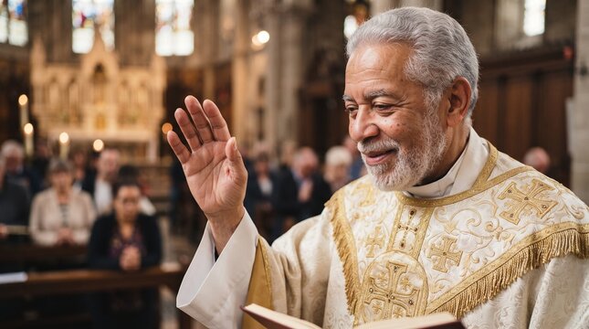 Senior priest blessing congregation during church mass service