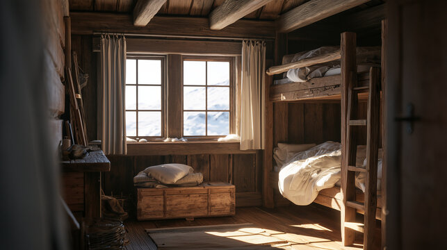Alpine mountain hut interior with a timber bunk and a window onto snow