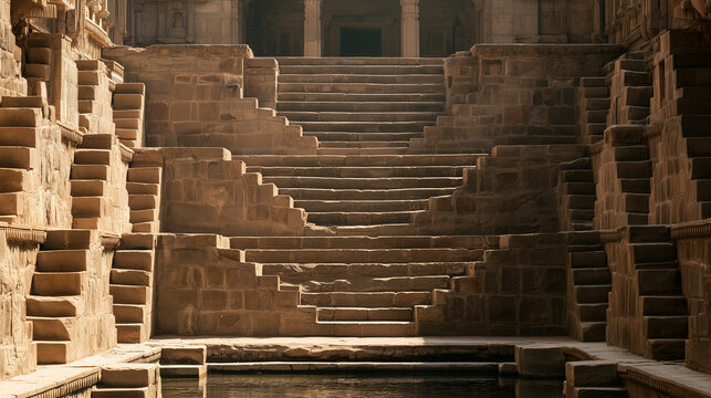 Ancient stepwell with symmetrical descending stone stairs